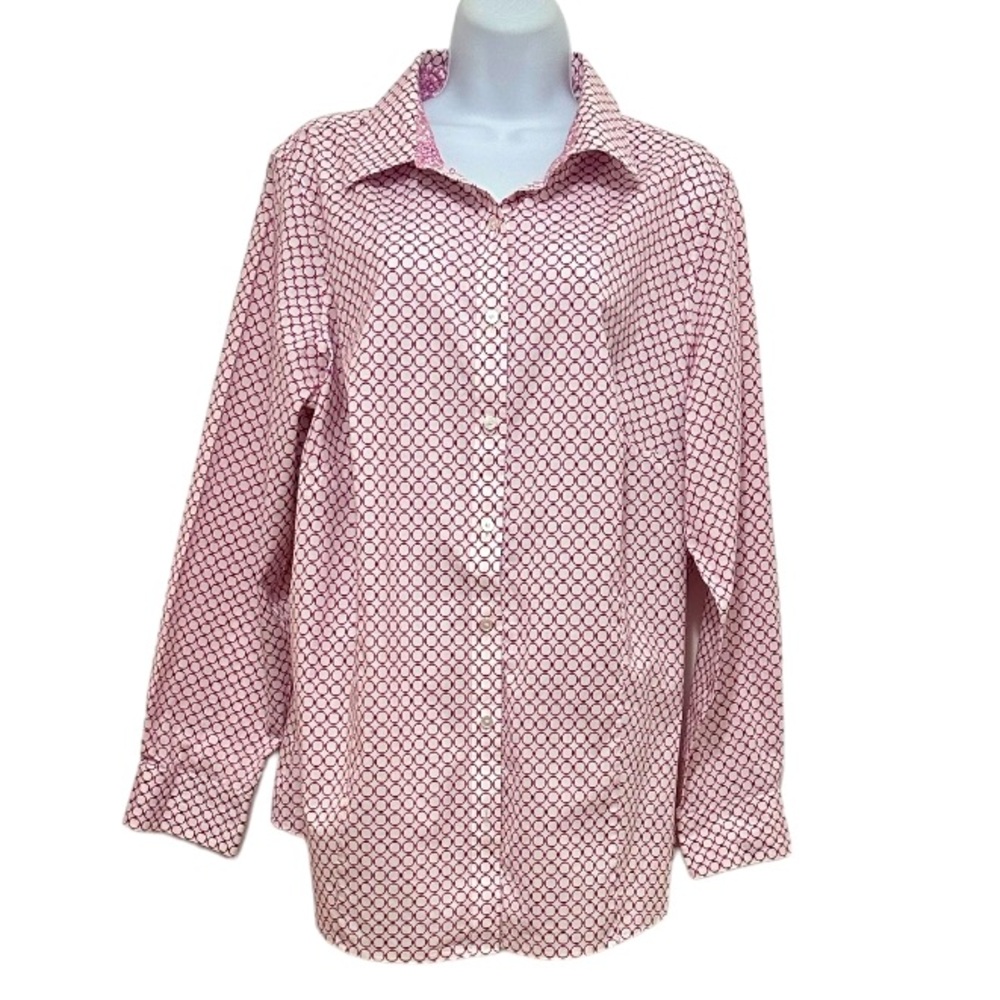 Talbots Pink and White Print Button Up Career Long Sleeve Top Size 16 or XL